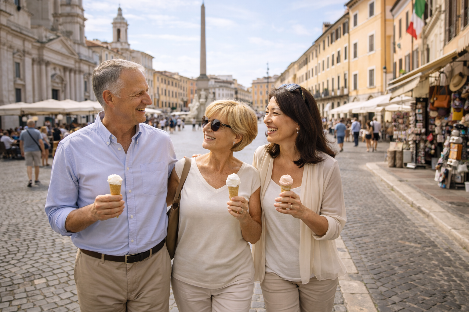 Walking with gelato in an Italian piazza